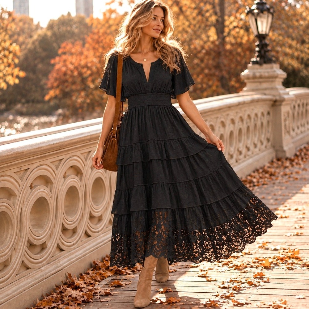 Anthropologie Kings Road 1X Maxi Dress Black Cottagecore Boho Chic Fall Coquette